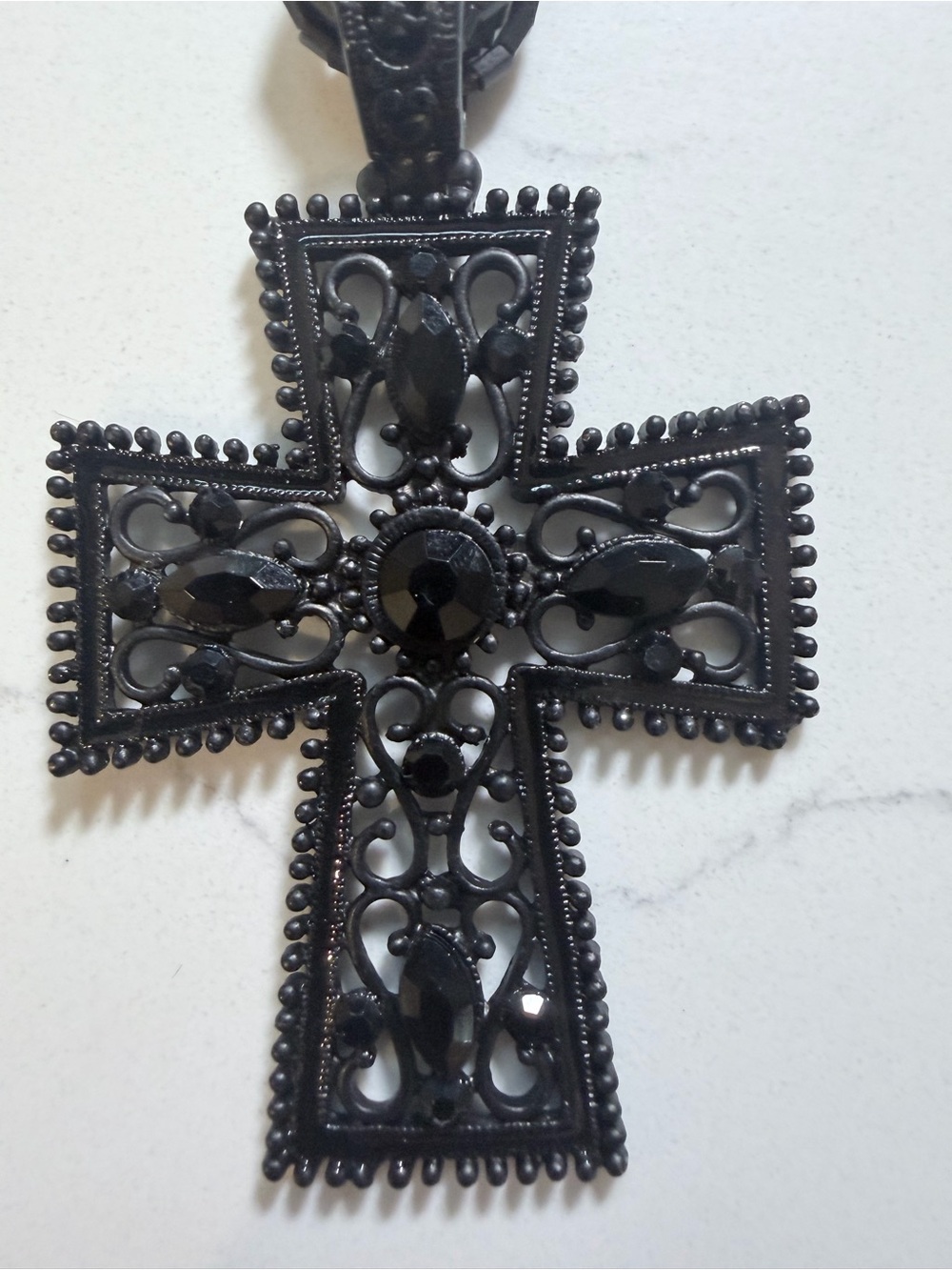 Jessica Simpson Gothic Multi-Strand Black Beaded Cross Necklace - Picture 3 of 8